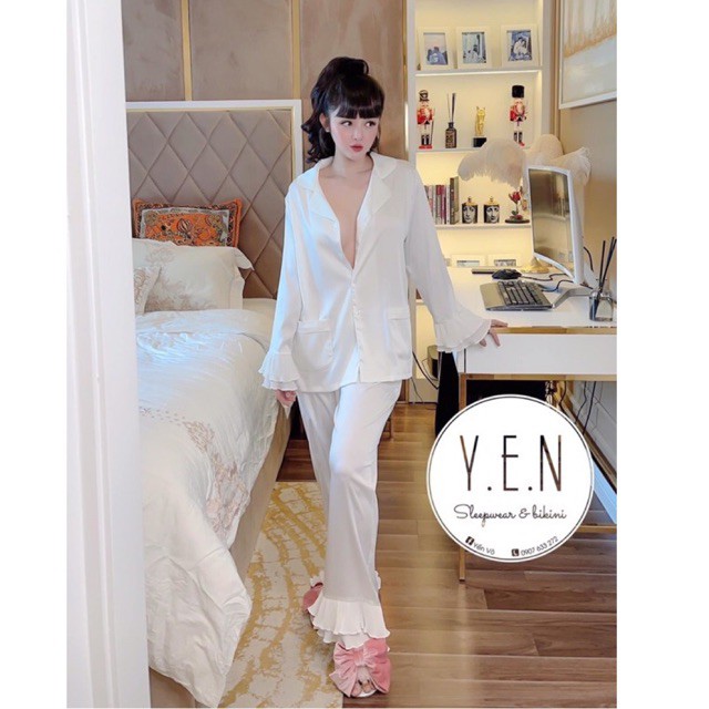 Bộ pijamma tiểu thư có cổ trắng hãng LULU VILL lụa satin cao cấp quảng châu