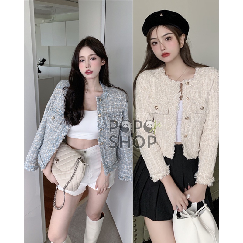 Áo dạ Tweed ngắn dài tay phong cách hàn quốc thời trang sang chảnh
