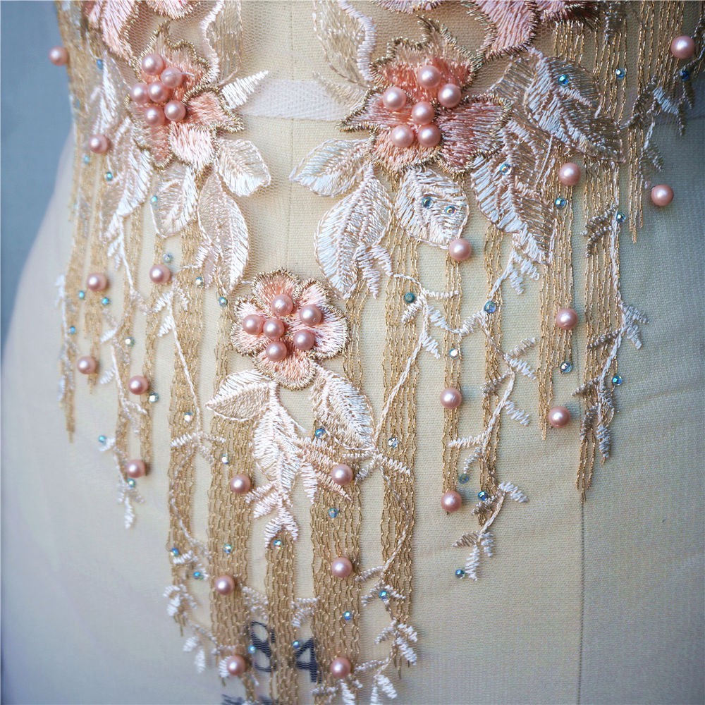 Mai Màu Hồng Thêu Ren Đính May Hạt Vải Hoa Cổ Miếng Dán Váy Cưới DIY