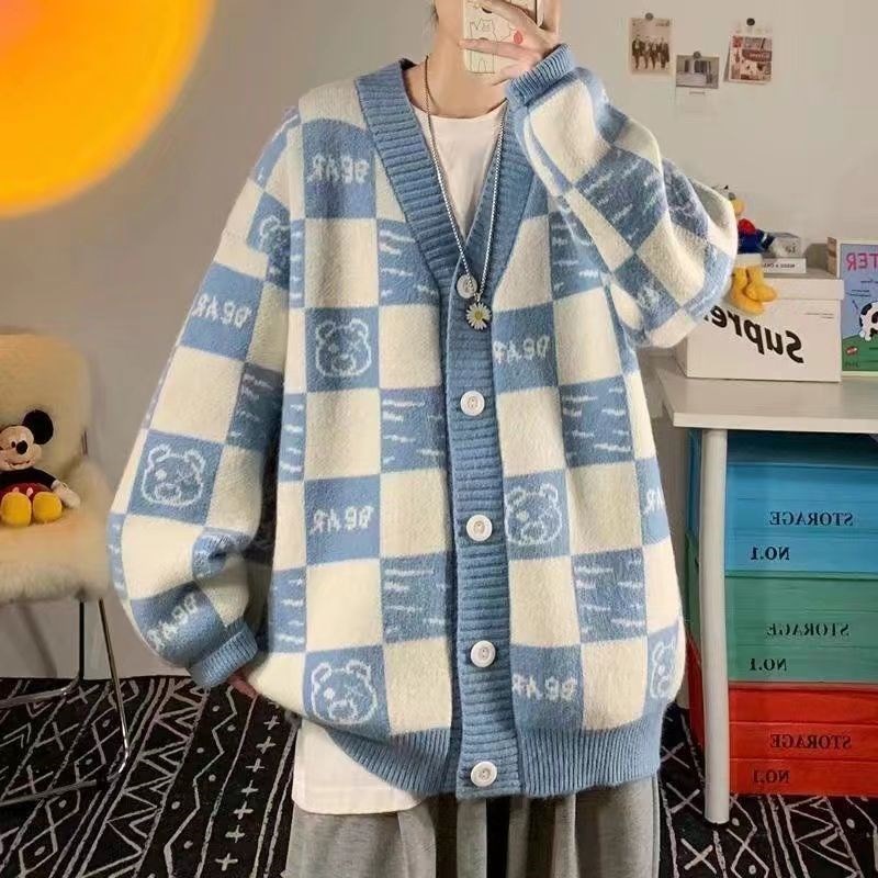 Áo khoác len cardigan dáng rộng in hình gấu phong cách Nhật cổ điển cho nam nữ
