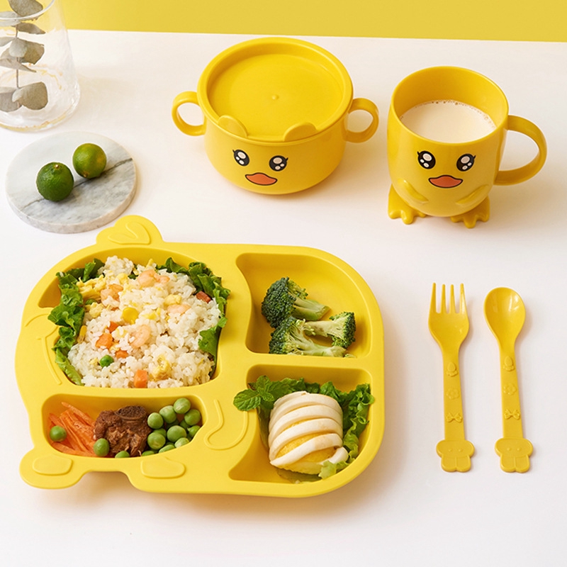 Set 5 dụng cụ đồ ăn hình con vịt vàng hoạt hình nhỏ chống rơi cho trẻ em
