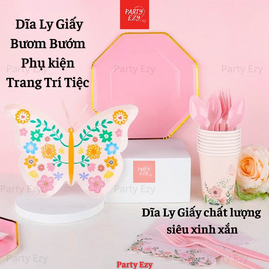 SET DĨA LY GIẤY CHỦ ĐỀ BƯƠM BƯỚM, PHỤ KIỆN TRANG TRÍ TIỆC (ảnh thật)