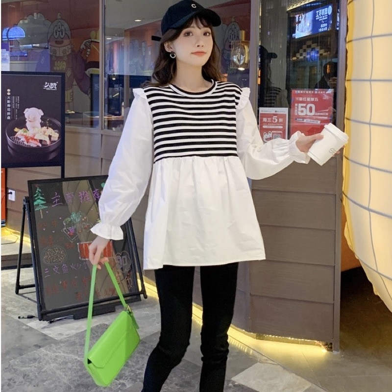 Áo babydoll thiết kế MISS RITA Áo bầu công sở tay dài pha kẻ ngang thiết kế bởi MISS RITA