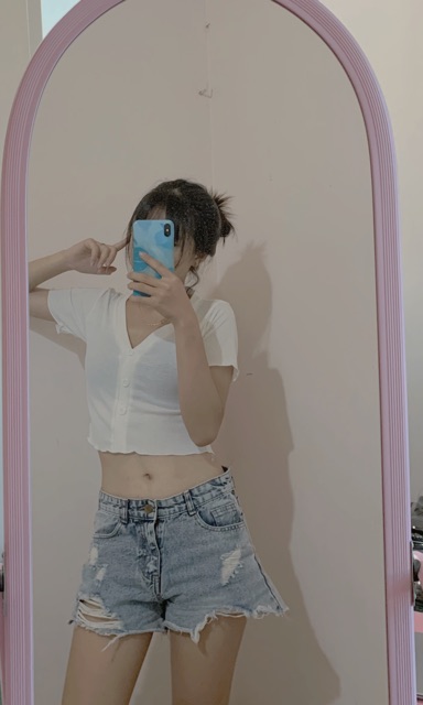 Áo croptop cổ V viền bèo đen trắng tím (ảnh thật)
