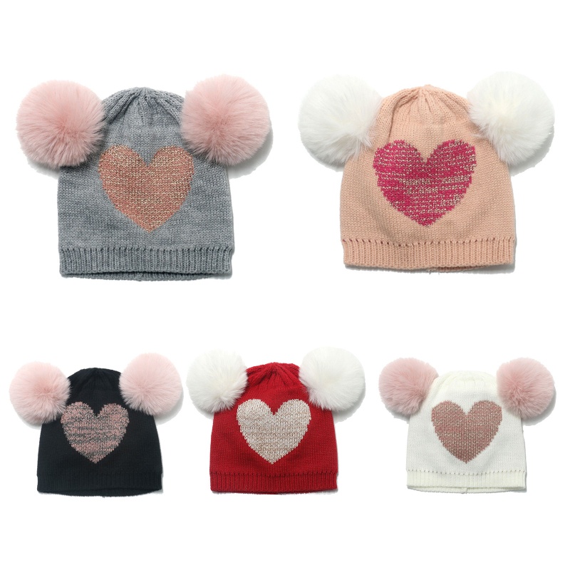 Mũ Len Beanie Dệt Kim Đính 2 Quả Bông Bảo Vệ Tai Thời Trang Thu Đông Cho Bé