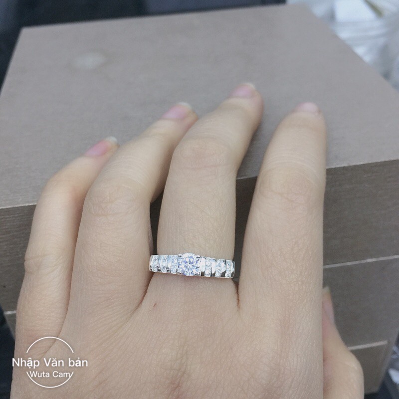 Nhẫn đá cao nhỏ nhân tạo đai ngang cá tính bạc thật