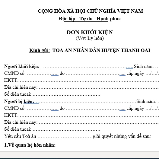 Mẫu đơn ly hôn đơn phương tòa án nhân dân huyện Thanh Oai, Hà Nội+bản hướng dẫn viết đơn ly hôn, hồ sơ ly hôn
