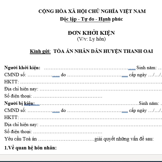 Mẫu đơn ly hôn đơn phương tòa án nhân dân huyện Thanh Oai, Hà Nội+bản hướng dẫn viết đơn ly hôn, hồ sơ ly hôn