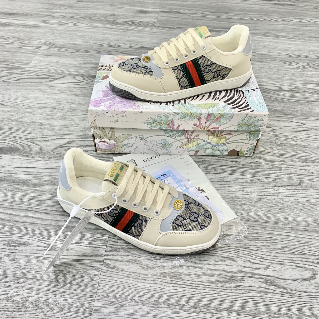 Giày Sneaker Nam Nữ Da Phối Vải Vân Chữ Vạch Lót Lông Cực Êm GS15P