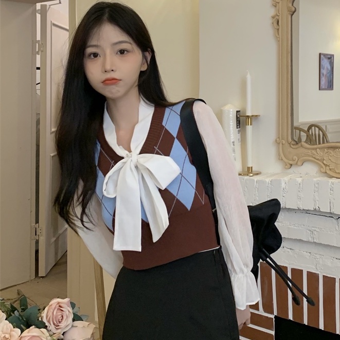 Set áo sơ mi trắng thắt nơ cổ V kèm áo len không tay thời trang nữ