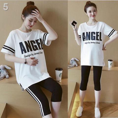 Đầm bầu màu đỏ lưới, mùa hè, bộ đồ bà cotton, kiểu tây mặc cổ tròn áo thun tay ngắn QuầnI