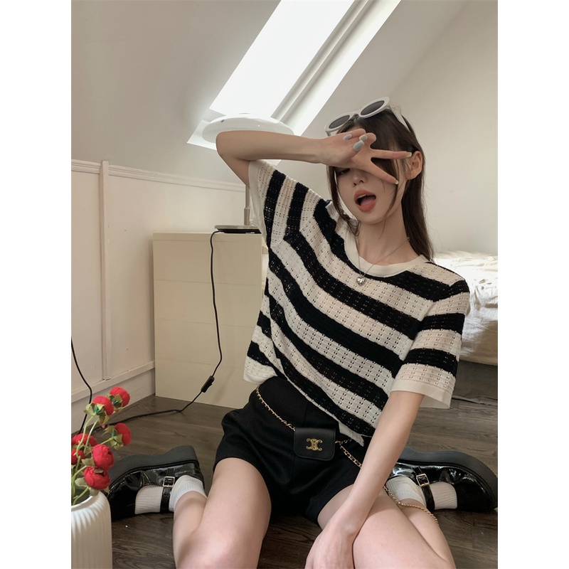 Xiaozhainv Áo Dệt Kim Tay Ngắn Cổ Tròn Kẻ Sọc Thời Trang Hàn Quốc | BigBuy360 - bigbuy360.vn