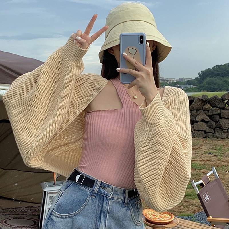 QKOOLE  Áo len và áo khoác cardigan  dáng rộng tay lồng đèn gợi cảm phong cách Hàn Quốc cho nữ