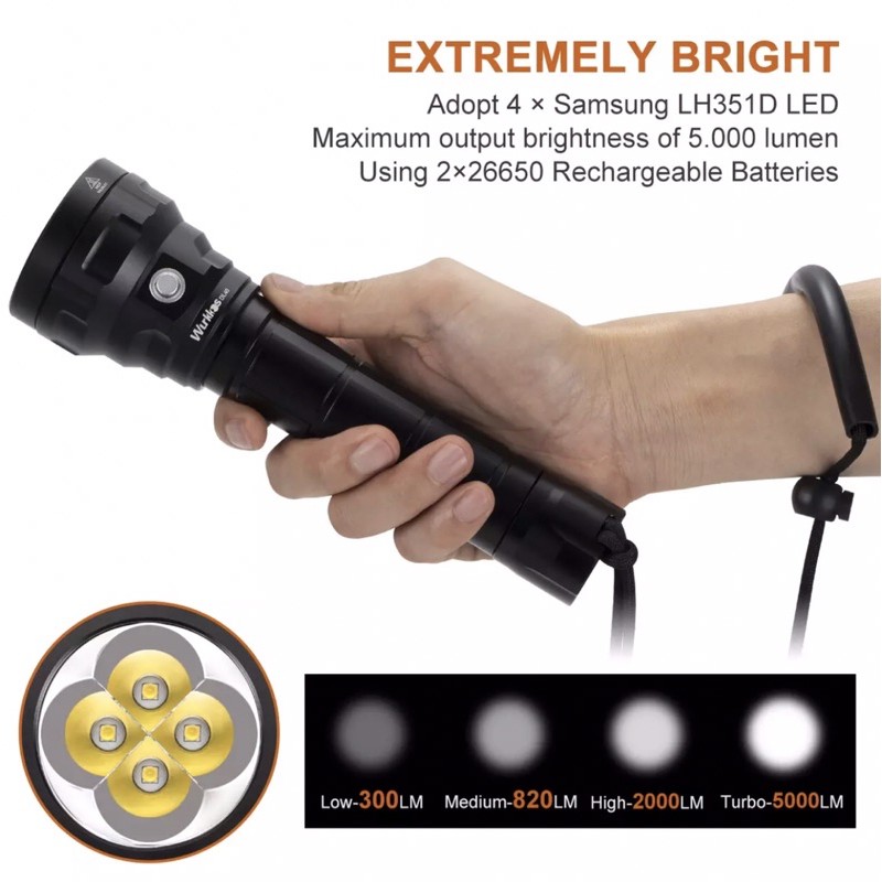 Đèn pin lặn Biển Wurkkos DL70 13000 Lumen Đèn lặn bình dưỡng khí 4 Led Cree XHP50.2 DL40 Samsung LH351D 2 pin 26650