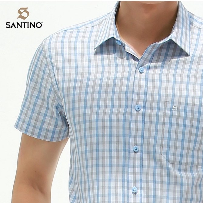 Áo sơ mi nam ngắn tay Santino, chất liệu sợi tre, hoạ tiết caro, dáng slim trẻ trung ASN495S601 | BigBuy360 - bigbuy360.vn