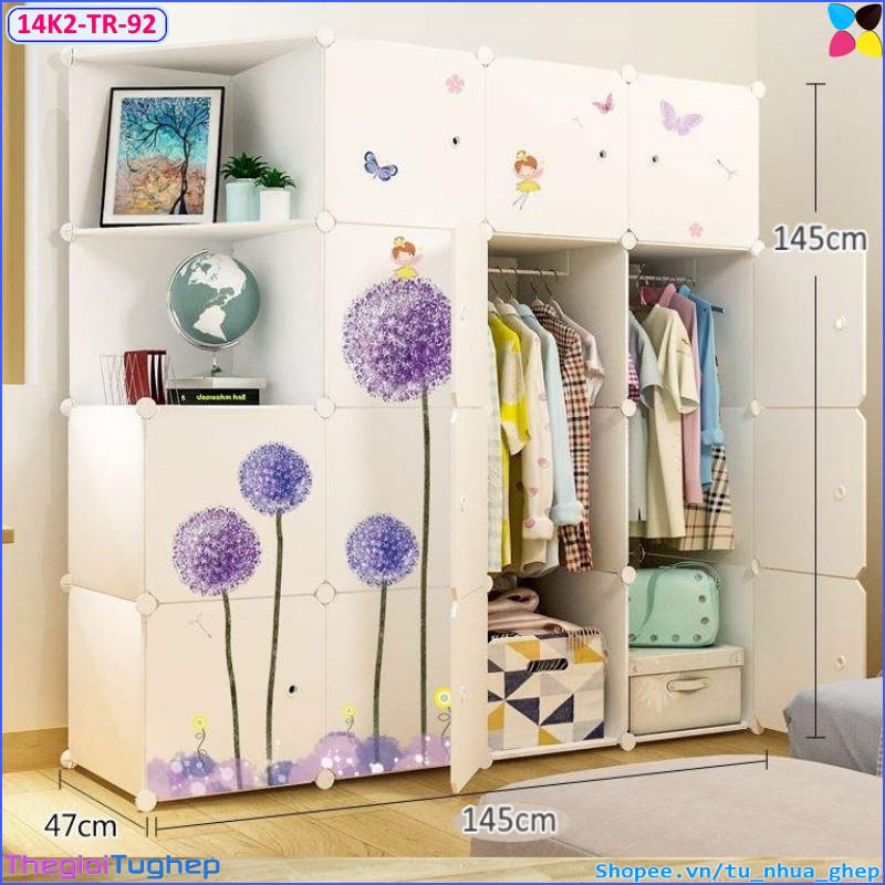 Tủ nhựa ghép 14 ô và 2 kệ size sâu 47cm, chọn màu thân và cửa theo phân loại (trắng trơn, hình mèo đen)