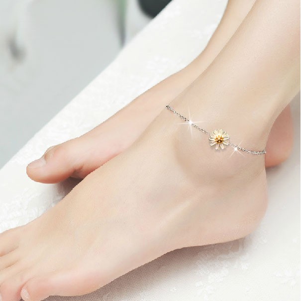 Lắc Chân Bạc s925 Dây Sợi Mảnh Cách Điệu Hoa Cúc Cánh Trắng Cực Xinh - Vl101