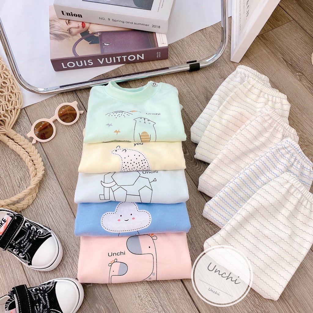 Bộ quần áo nỉ dài tay Unchi cúc cài vai cho bé từ 3-24 tháng