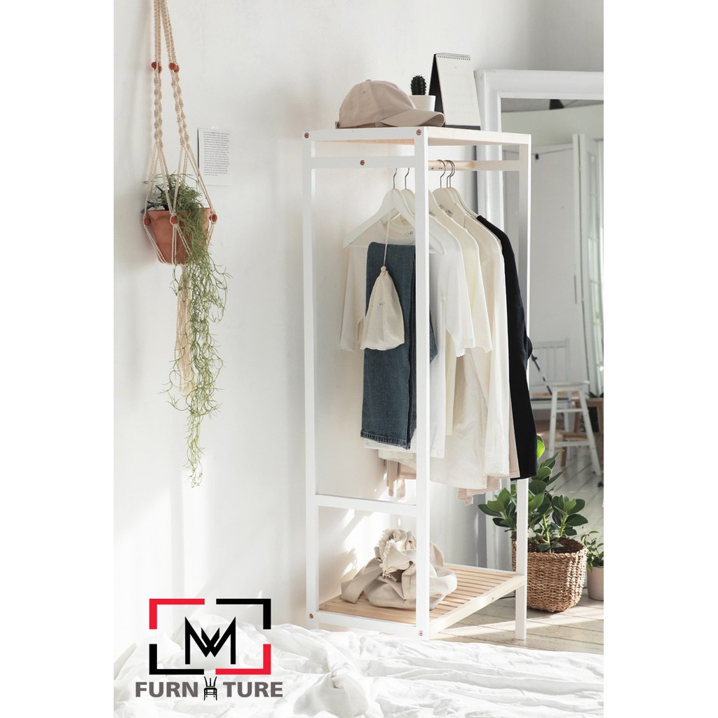 Tủ treo quần áo chữ nhật gỗ thông nhập khẩu - Shelf hanger màu trắng phối gỗ MW FURNITURE - Nội thất phòng ngủ