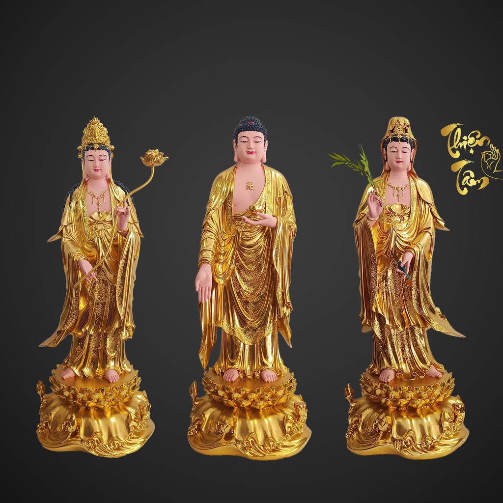 Bộ Tượng Tây Phương Tam Thánh đứng 70cm - Màu Vàng - mẫu tượng Đài Loan