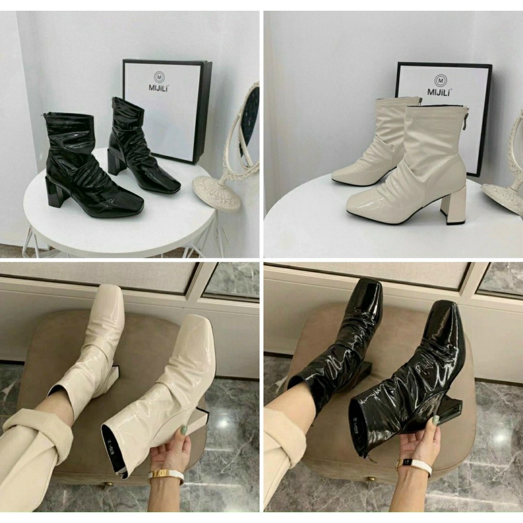 Bốt mùa đông nữ cổ nhăn da bóng F01 mũi vuông gót vuông 8p hàng Qc kèm hộp đựng
