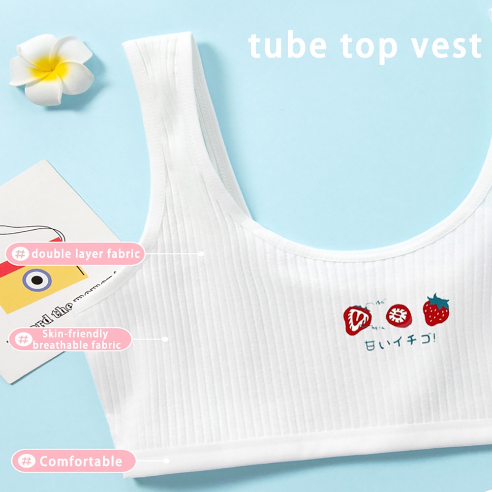 ♥Tigo♥ Áo Ngực Cotton Hai Lớp Không Gọng in Họa Tiết Dâu Tây Hoạt Hình Thời Trang Cho Bé Gái