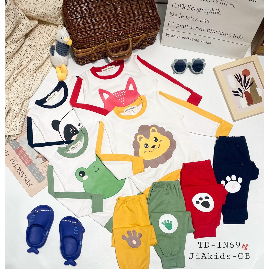 Bộ Dài Tay MINKY MOM COTTON 100% Thân Áo Trắng In Hình Động Vật Ngộ Ngĩnh Cho Bé TD-IN69