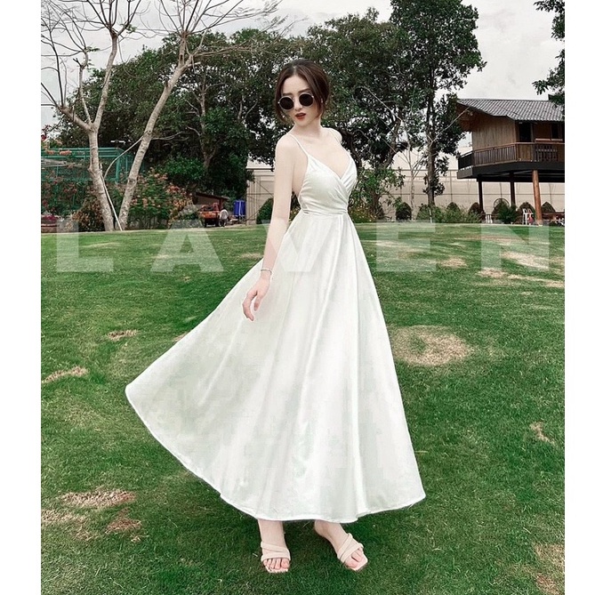 Váy đầm nữ maxi màu trắng dáng xòe dài cột nơ sau lưng (có mút)
