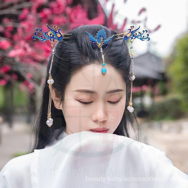 Kẹp tóc hình chim công xanh dương phối tua rua kiểu cổ điển phong cách Trung Hoa