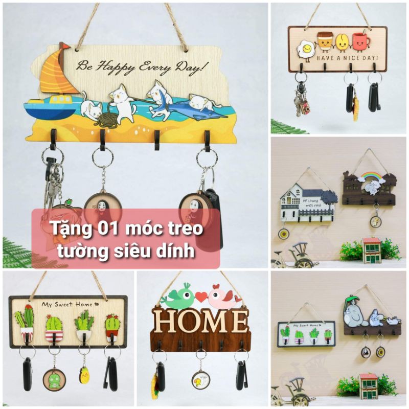 Bảng gỗ móc khóa treo cửa decor trang trí (TẶNG kèm 01 móc dính treo bảng)