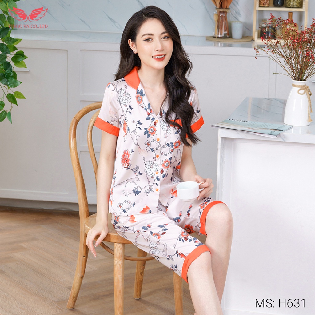 Đồ bộ nữ pijama lụa Pháp mềm mát mặc nhà mùa Hè VINGO tay cộc quần lửng họa tiết hoa màu cam thanh lịch H631 VNGO