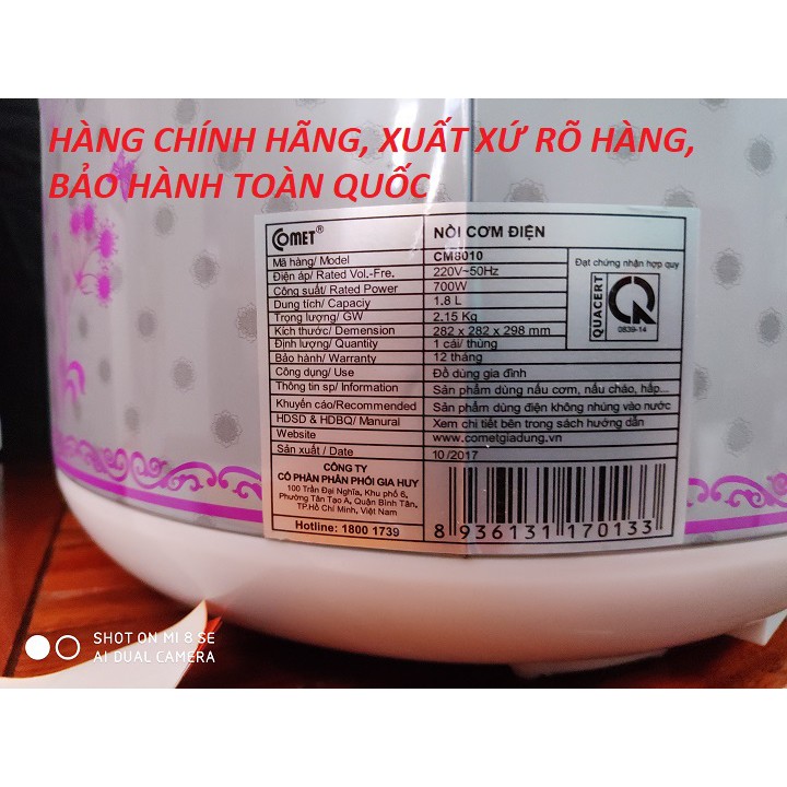 Nồi Cơm Điện Nắp Gài 1.8l - Chính Hãng Comet - Lòng Tráng Men Chống Dính | BigBuy360 - bigbuy360.vn