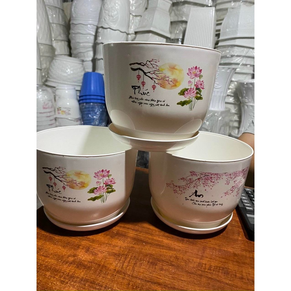 Chậu nhựa Trồng CâyTròn giả Sứ kt 180x130 Có Kèm Đĩa Lót