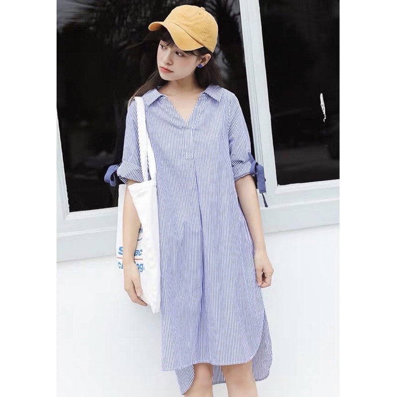 Đầm váy sơ mi sọc xanh tay nơ
