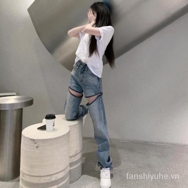 Quần jean dài lưng cao ống rộng có thể tháo rời thiết kế mới thời trang sành điệu cá tính cho nữ | BigBuy360 - bigbuy360.vn