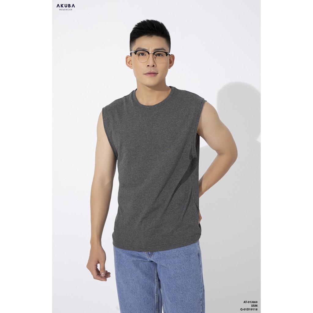 Áo thun tanktop nam trơn AKUBA form regular, chất thun cotton single cao cấp, co dãn tốt, thoáng mát 01J660