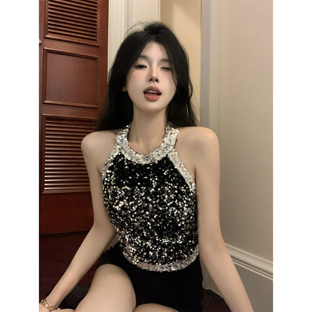 QADCOL Áo Hai Dây Đính Kim Sa Màu Đen Chất Lượng Cao Thời Trang Mùa Hè Cho Nữ