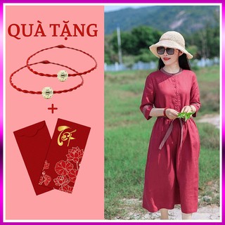 Đầm Chữ A Thắt Eo Đỏ Viền Vải Linen Bột