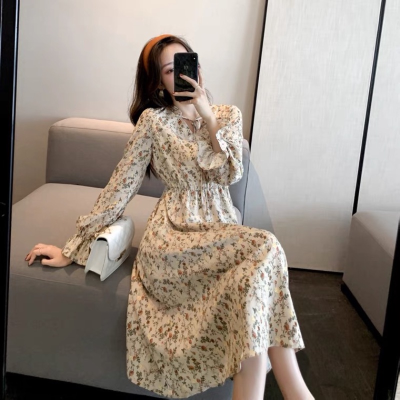 Đầm nữ in hoa tay dài thời trang retro phong cách Hàn Quốc
