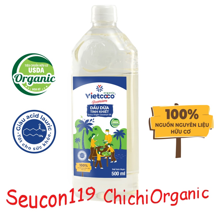 Dầu Dừa Nguyên Chất Ép Lạnh Hữu Cơ Chai 500ml / Dầu Dừa Tinh Khiết Vietcoco