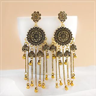 Cổ Điển Hình Học Dây Xích Dài Chuông Tua Rua Treo Bông Tai Gypsy Afghanistan Tây Tạng Trang Sức Bohemia Ấn Độ Jhumka Bông Tai