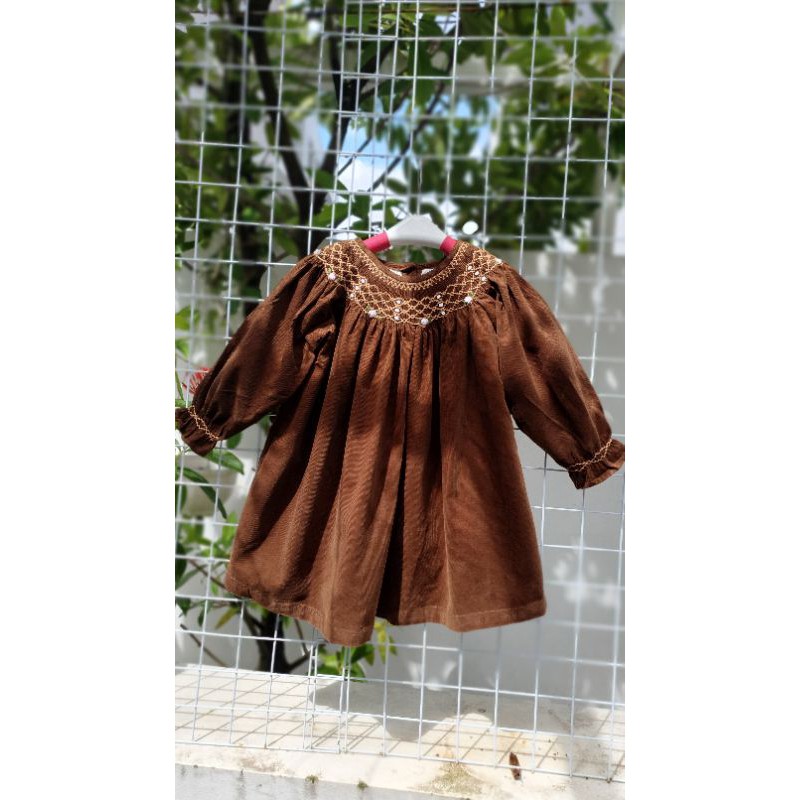 Váy smock nhung tăm nâu/hồng