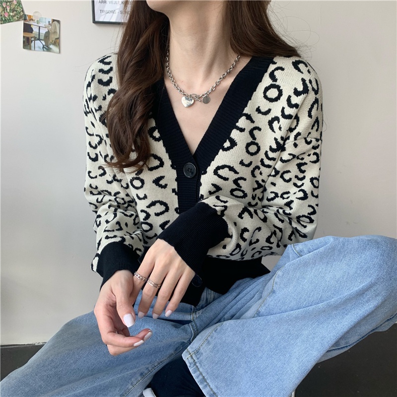 Áo Khoác Cardigan Dệt Kim Cổ Chữ V Hoạ Tiết Da Báo Thời Trang Mùa Đông