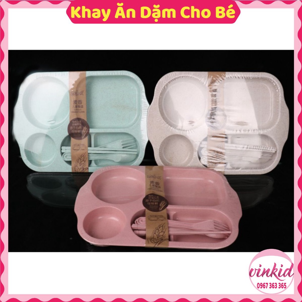 Khay ăn dặm cho bé lúa mỳ cao cấp nhiều ngăn kèm thìa dĩa tập ăn đa năng tiện lợi VINKID