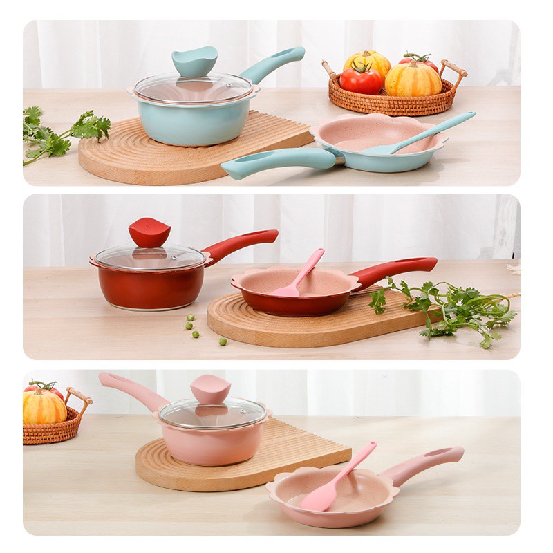 Bộ Nồi Chảo Nấu Đồ Ăn Dặm Cho Bé Kèm Xửng Hấp, Dụng Cụ Nấu Đồ Ăn Dặm Chống Dính Đáng Yêu