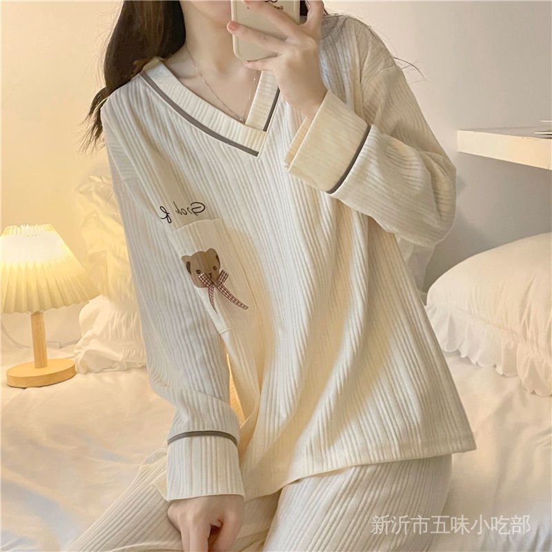 Bộ Đồ Ngủ Tay Dài Cổ Chữ V In Hình Gấu Dễ Thương Phong Cách Nhật Bản Thời Trang Xuân Thu Cho Nữ