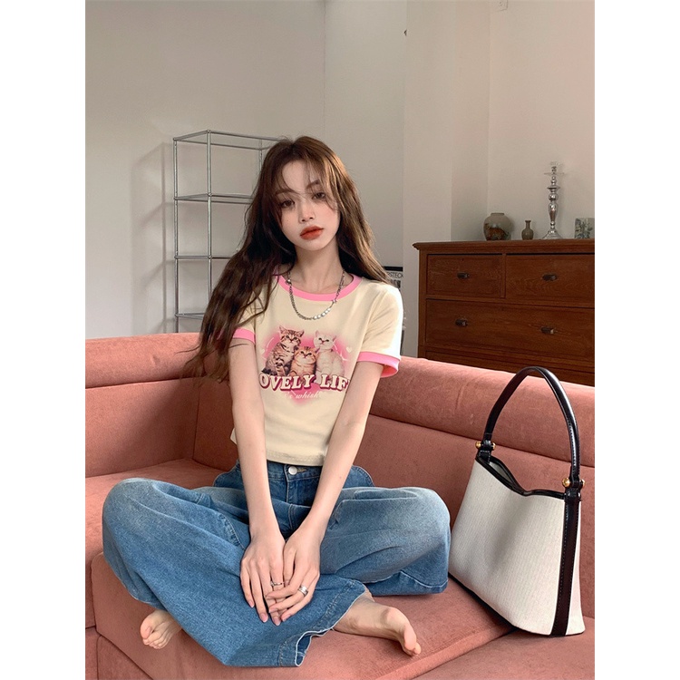 Áo thun cotton tay ngắn hở vai ôm dáng in họa tiết mèo màu sắc tương phản thời trang Hàn Quốc cho nữ