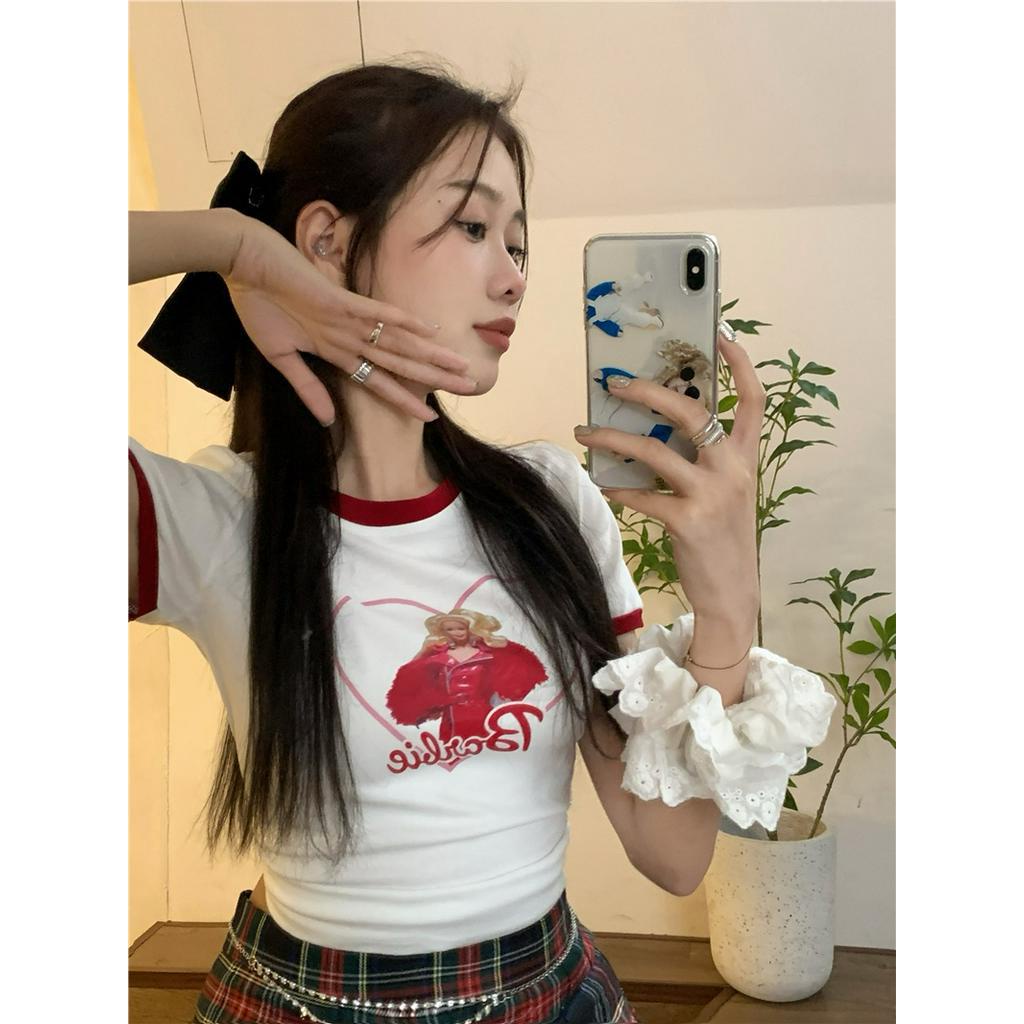 Áo Thun Mùa Hè 62571 Dáng Ngắn In Họa Tiết Màu Sắc Tương Phản Phong Cách Mỹ Cổ