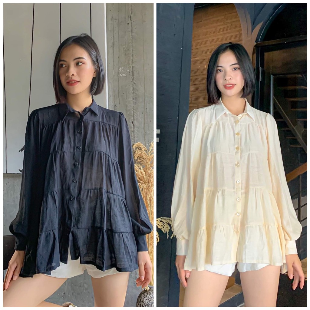 ÁO XÒE CỔ SƠ MI CHẤT LIỆU TÂM XƯỚC ĐEN NUDE - MIO OVERSIZE SHIRT