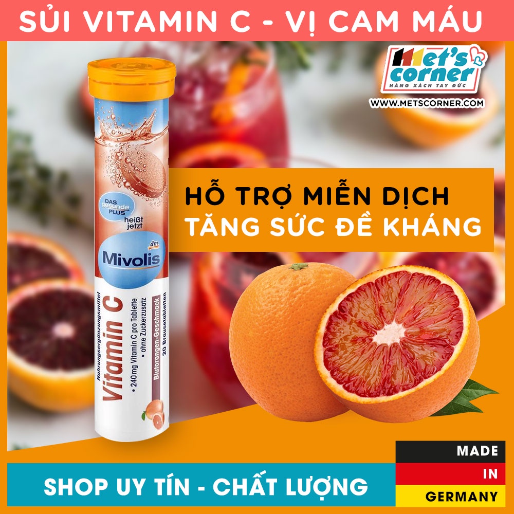 Vitamin C- Mivolis Sủi Đức - tăng sức đề kháng, hỗ trợ miễn dịch, 20 Viên - Met Corner - Yêu hàng Đức
